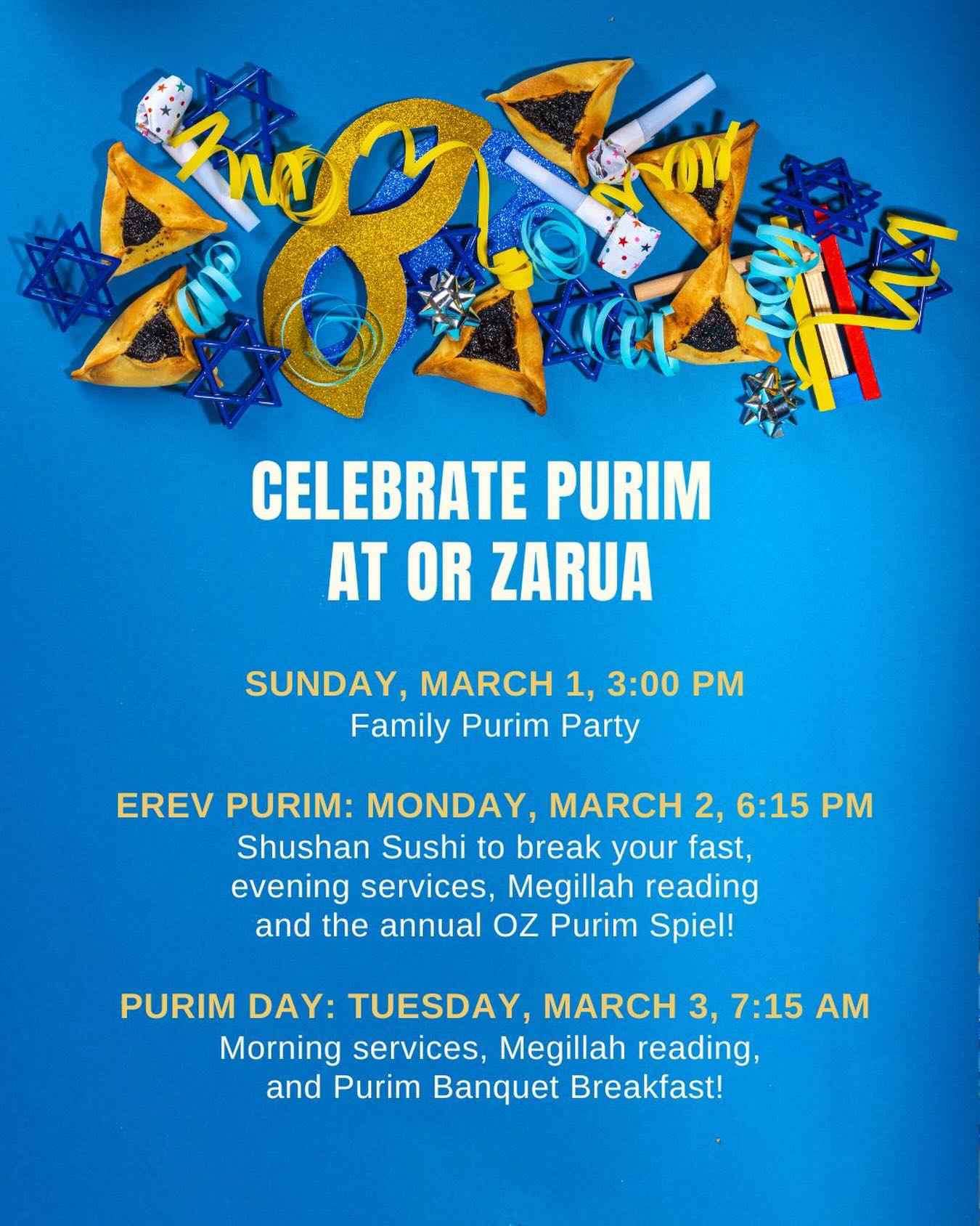 Shushan Sushi to break your fast, evening services, Megillah reading and the annual OZ Purim Spiel!

Join us at Or Zarua, or watch the livestream! Link in bio #purim #purim2026 #uessynagogue #purimspiel