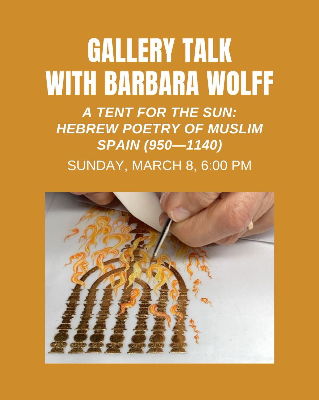 Artist Barbara Wolff will speak about her latest manuscript at this Gallery Event.

“A Tent For The Sun: Hebrew Poetry of Muslim Spain (950—1140)”

This manuscript of a shared cultural richness and innovation reflecting the legacy of Convivencia, the cultural interaction between Muslims, Jews and Christians in 10th and 11th century Iberia.

#gallerytalk #jewishart #uessynagogue