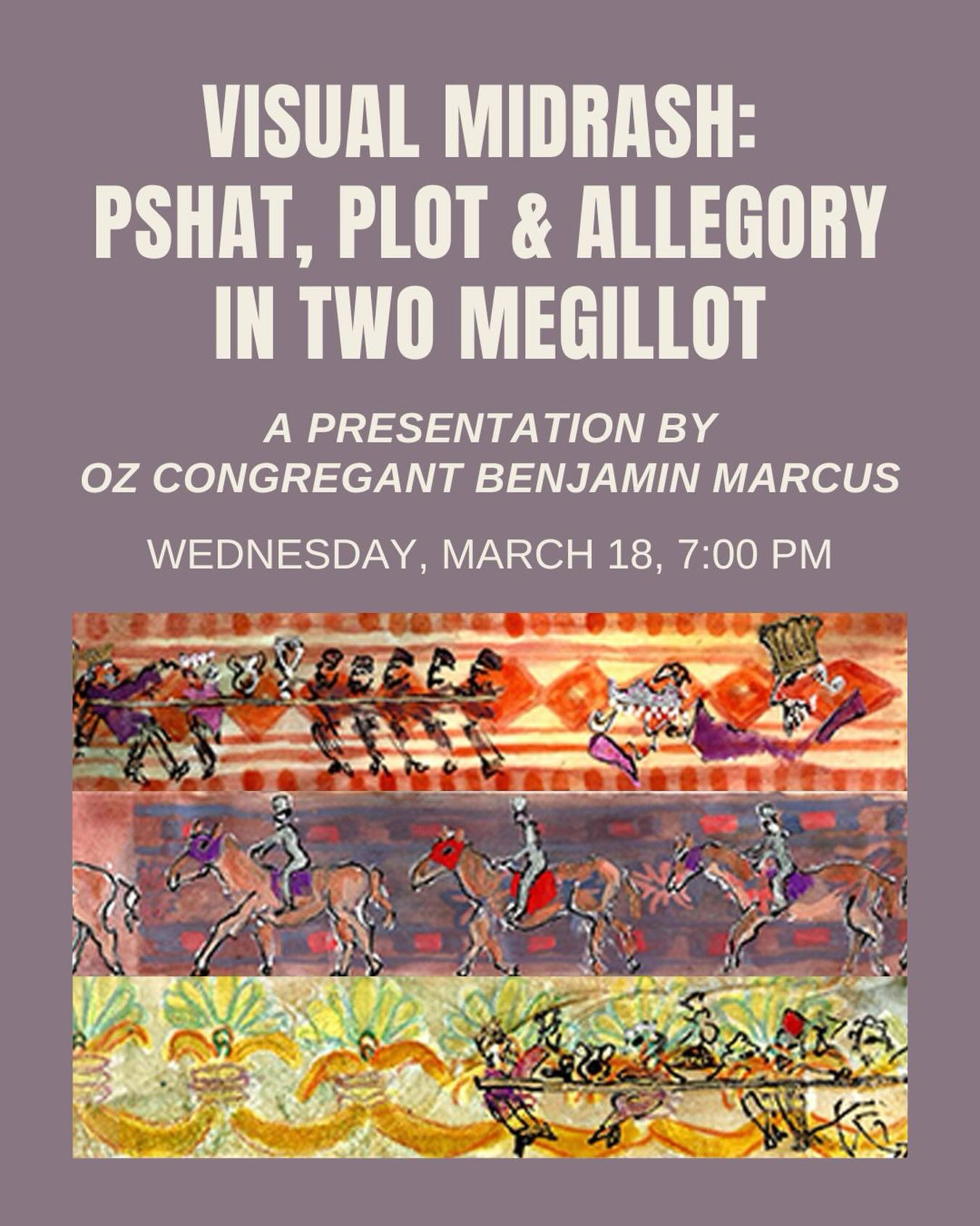 In-person event.

Lecture by Benjamin Marcus

On Purim we read Megillat Esther. And on Passover – always 30 days later – we read Song of Songs. Both holidays mark crucial events of our redemption by G-d from imminent genocidal annihilation by the rulers of our exilic host nations.  But the stories we read could not be more different in tenor from the events we make it a duty to remember, and they could not be more different from each other in their narrative structures.

Come on March 18 to see the how these differences were addressed in the two illustrated megillot that fellow congregant Benjamin Marcus has produced as he presents his own visual interpretations in a short talk about the work.